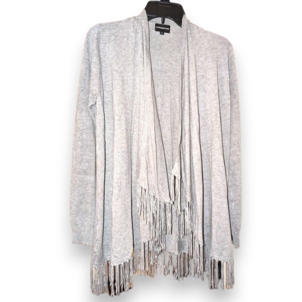 Central Park West Light Grey Fringe Crossover Cardi Cardigan Sweater Women sz M